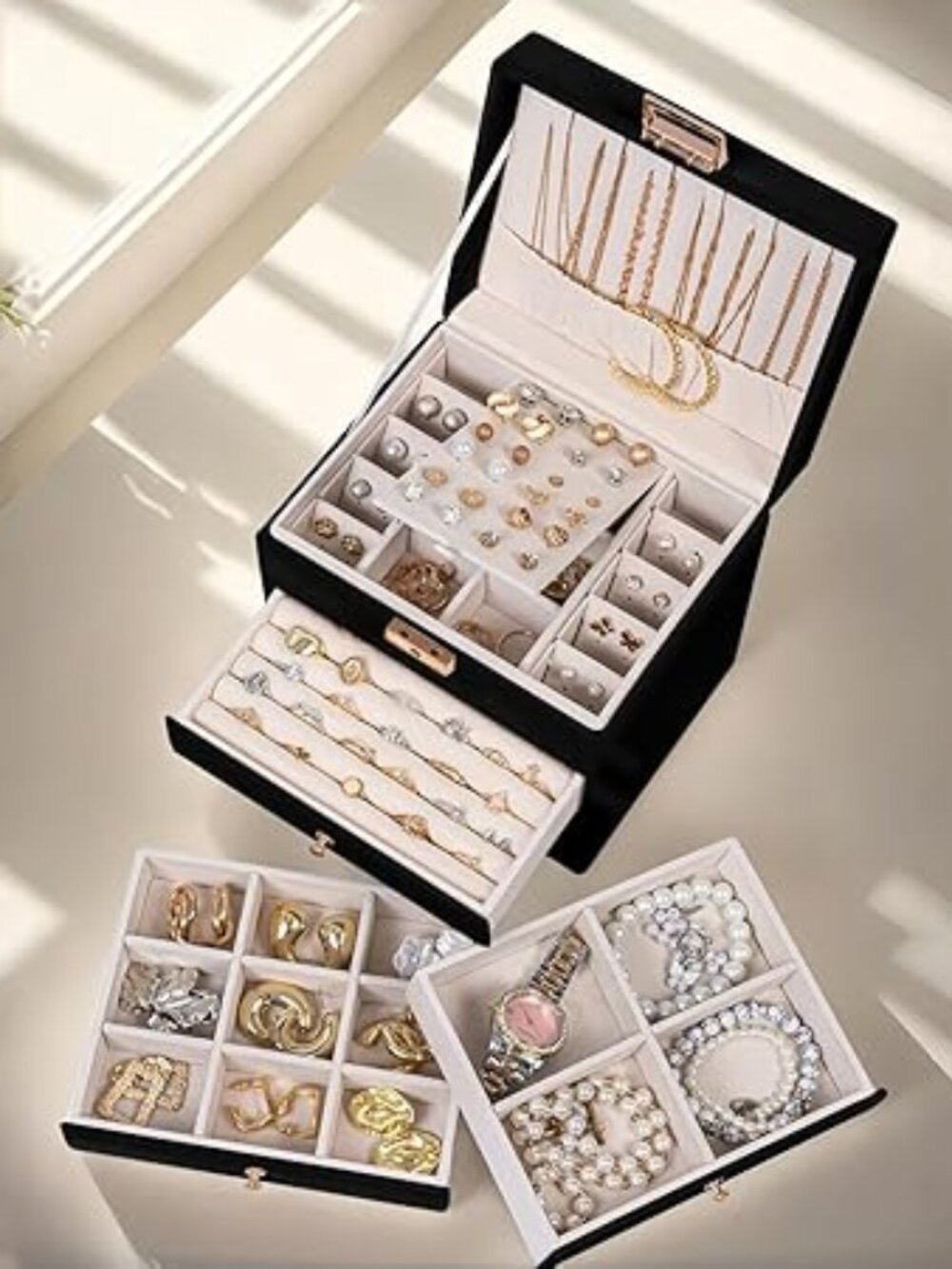 Leather Jewelry Box with Lock for Women, 4-Tier 3-Drawer Jewelry Organizer, Larg